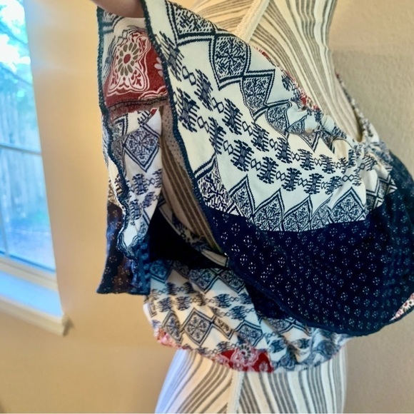 Topia Crop Top Med Ruffled Flutter Sleeves Red White Navy Blue Boho Off Shoulder - Picture 5 of 13